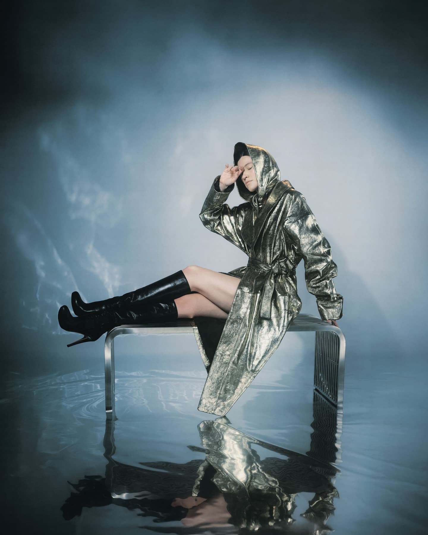 Occhii's Robe Coat with Head Scarf in Metallic Goat